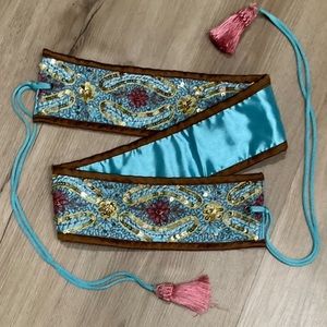 Metallic gold sequins turquoise blue wrap sash belt  pink tassel festival